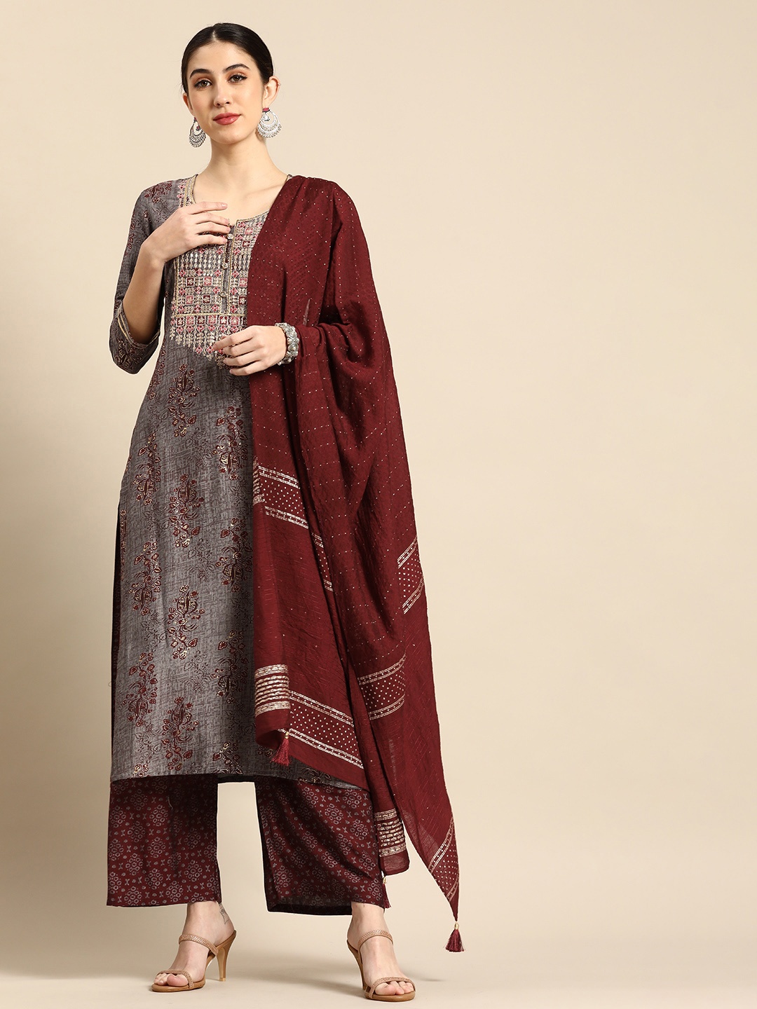 

Anouk Women Grey & Maroon Ethnic Printed Sequinned Kurta with Palazzos & With Dupatta
