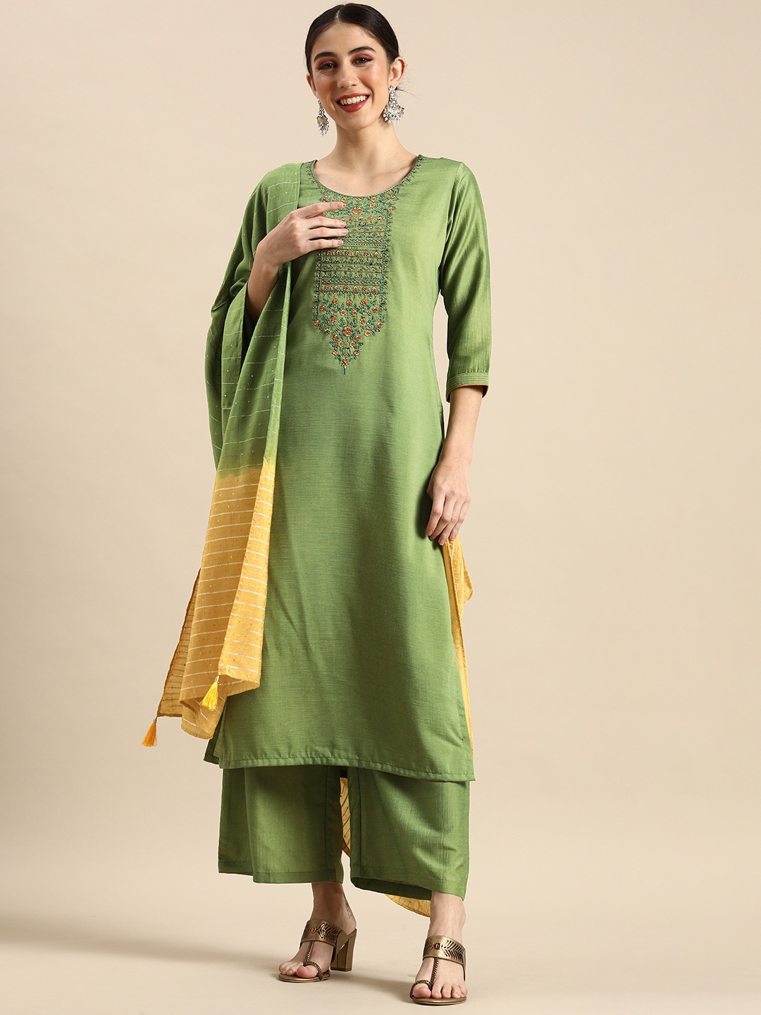

Anouk Women Olive Green Ethnic Motifs Embroidered Kurta with Palazzos & With Dupatta