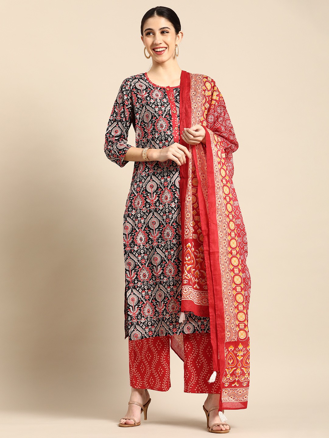 

Anouk Women Black & Red Ethnic Printed Pure Cotton Kurta with Palazzos & With Dupatta