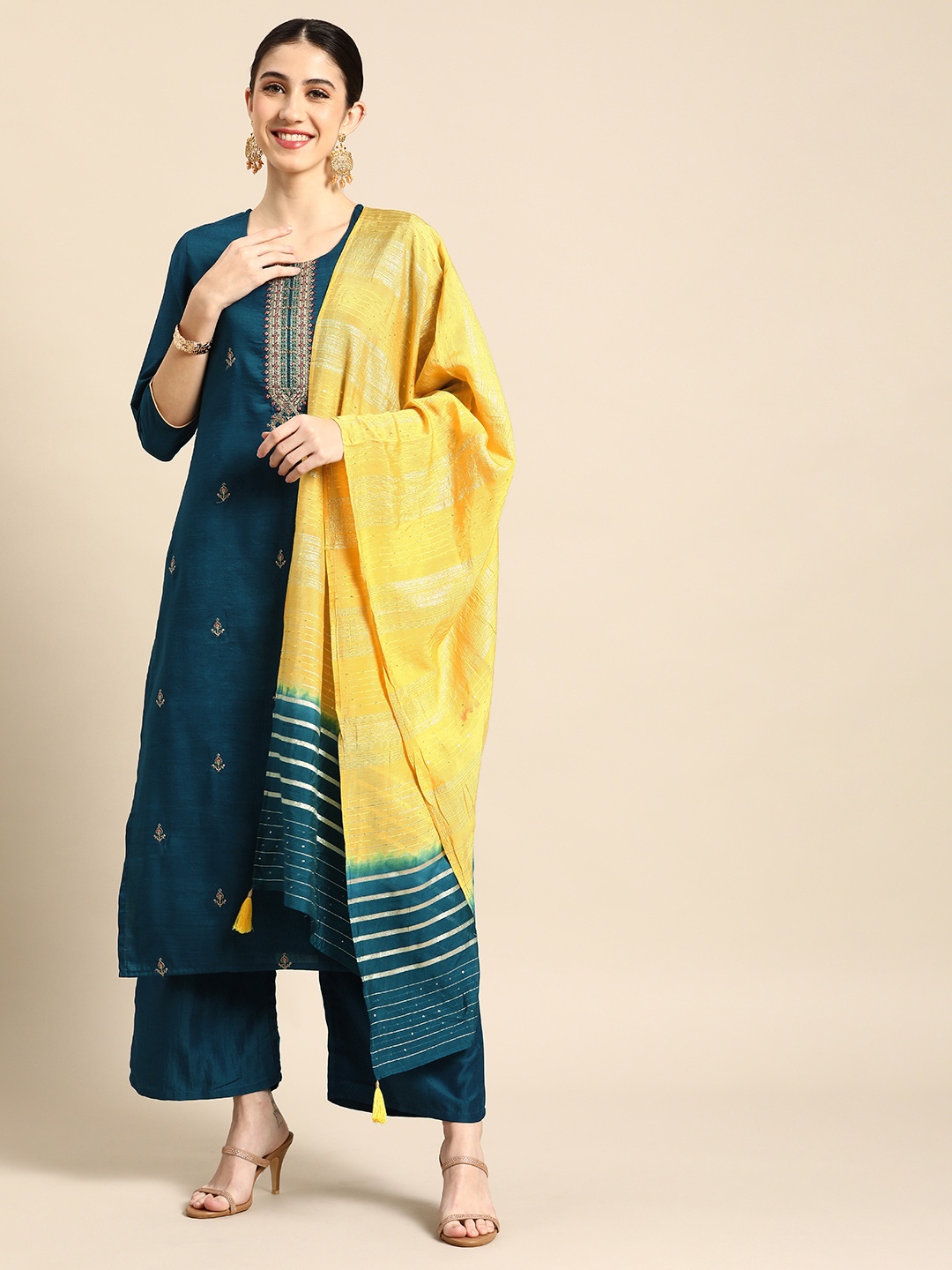 

Anouk Women Blue Floral Embroidered Kurta with Trousers & With Dupatta