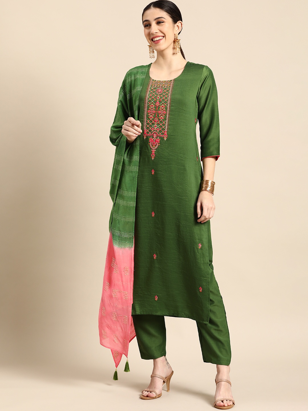 

Anouk Women Olive Green Floral Embroidered Kurta with Trousers & With Dupatta