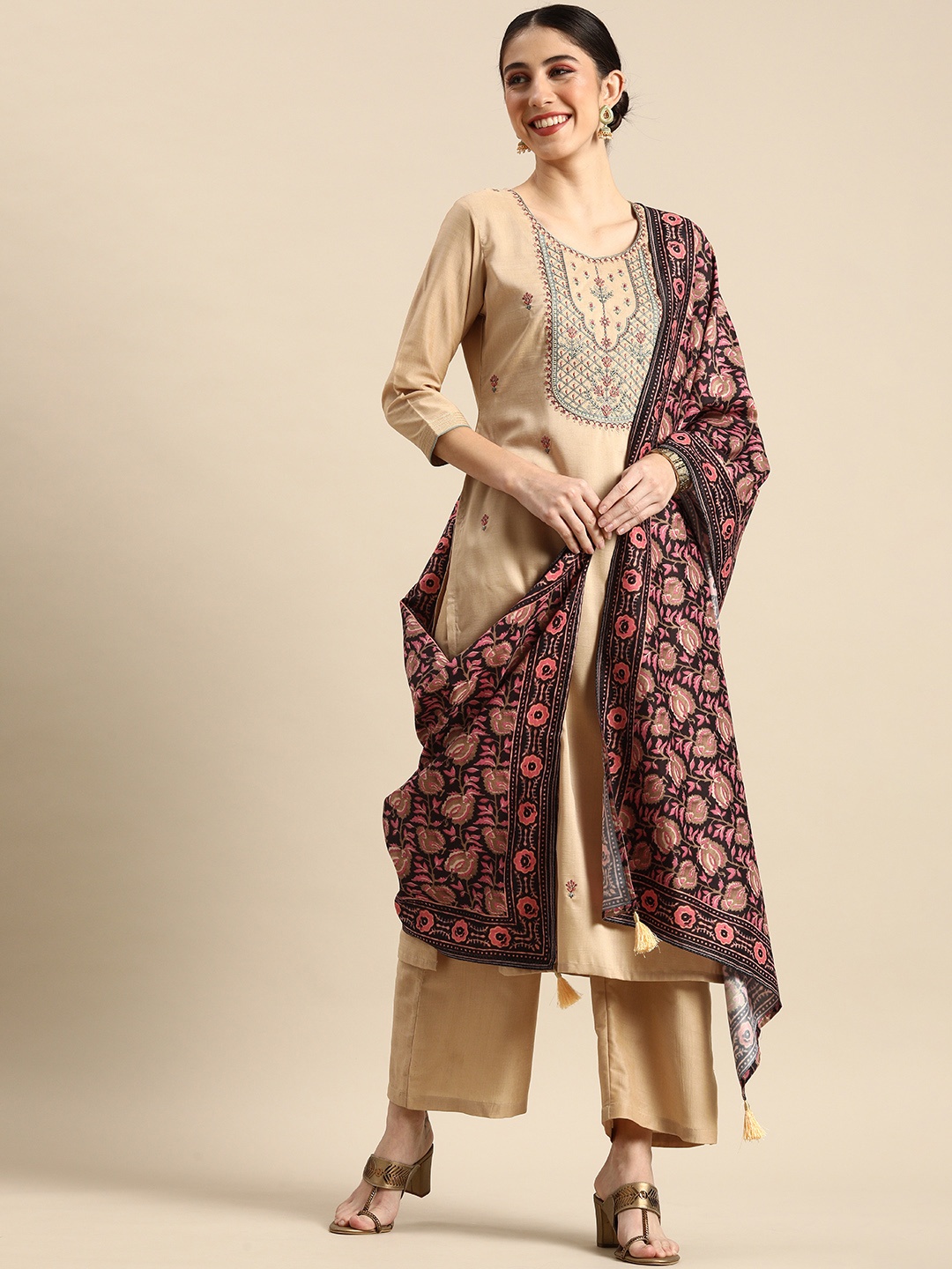 

Anouk Women Beige & Maroon Ethnic Motifs Embroidered Kurta with Palazzos & With Dupatta