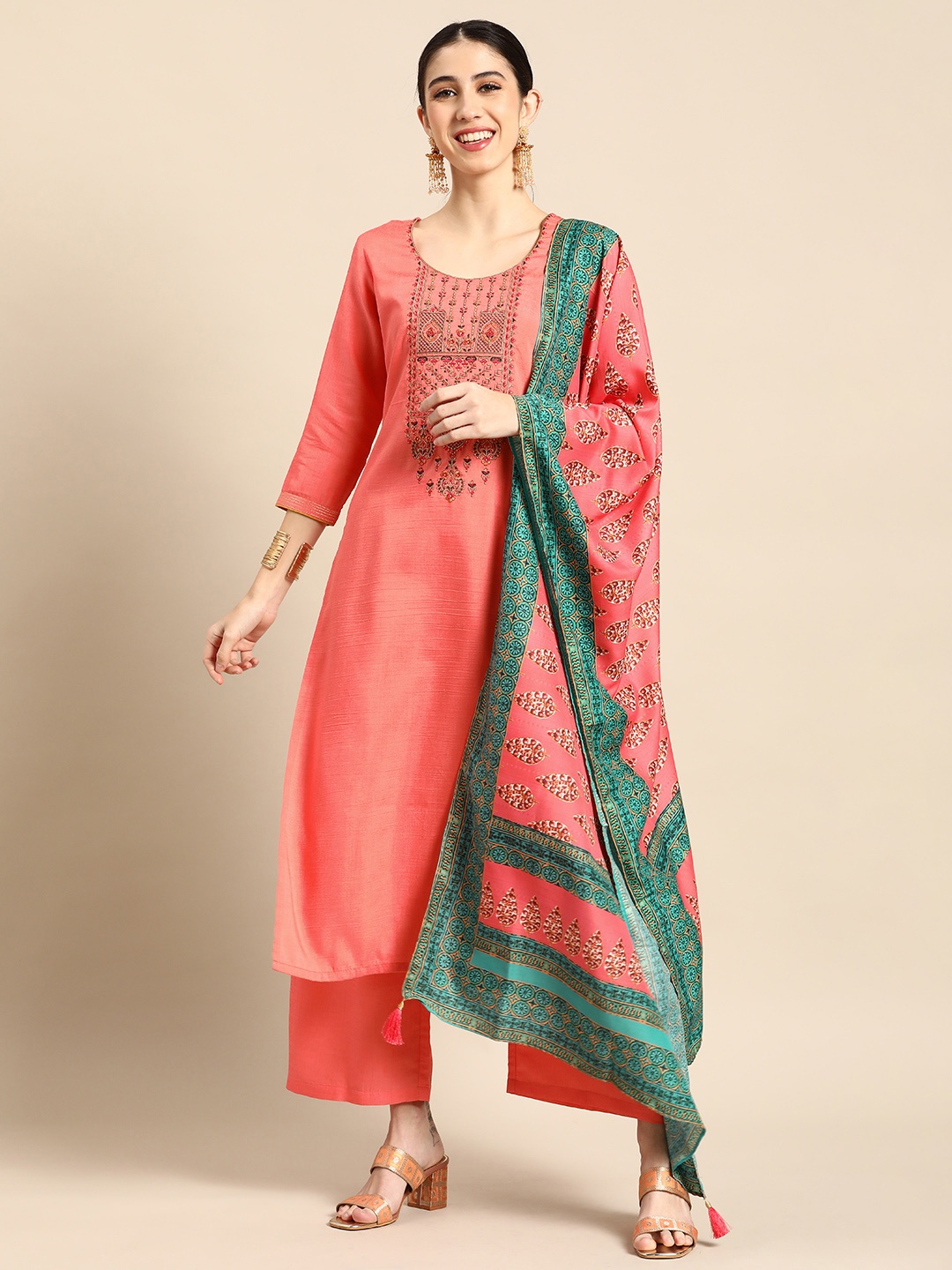 

Anouk Women Coral Ethnic Motifs Embroidered Kurta with Trousers & With Dupatta