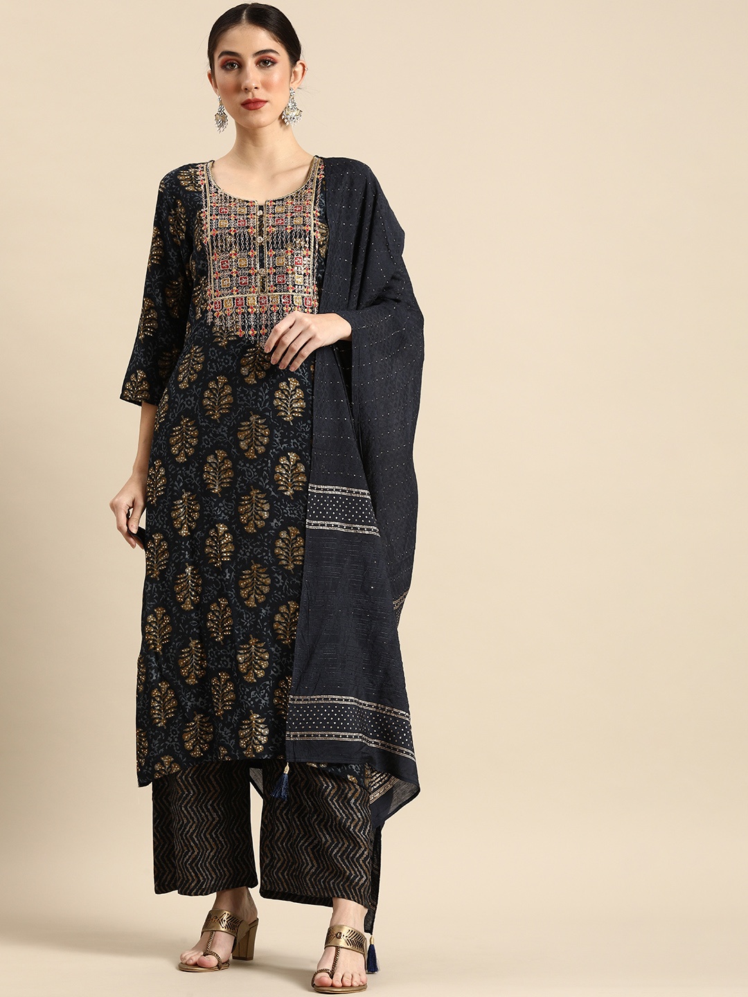 

Anouk Women Navy Blue Ethnic Motifs Printed Kurta with Palazzos & With Dupatta