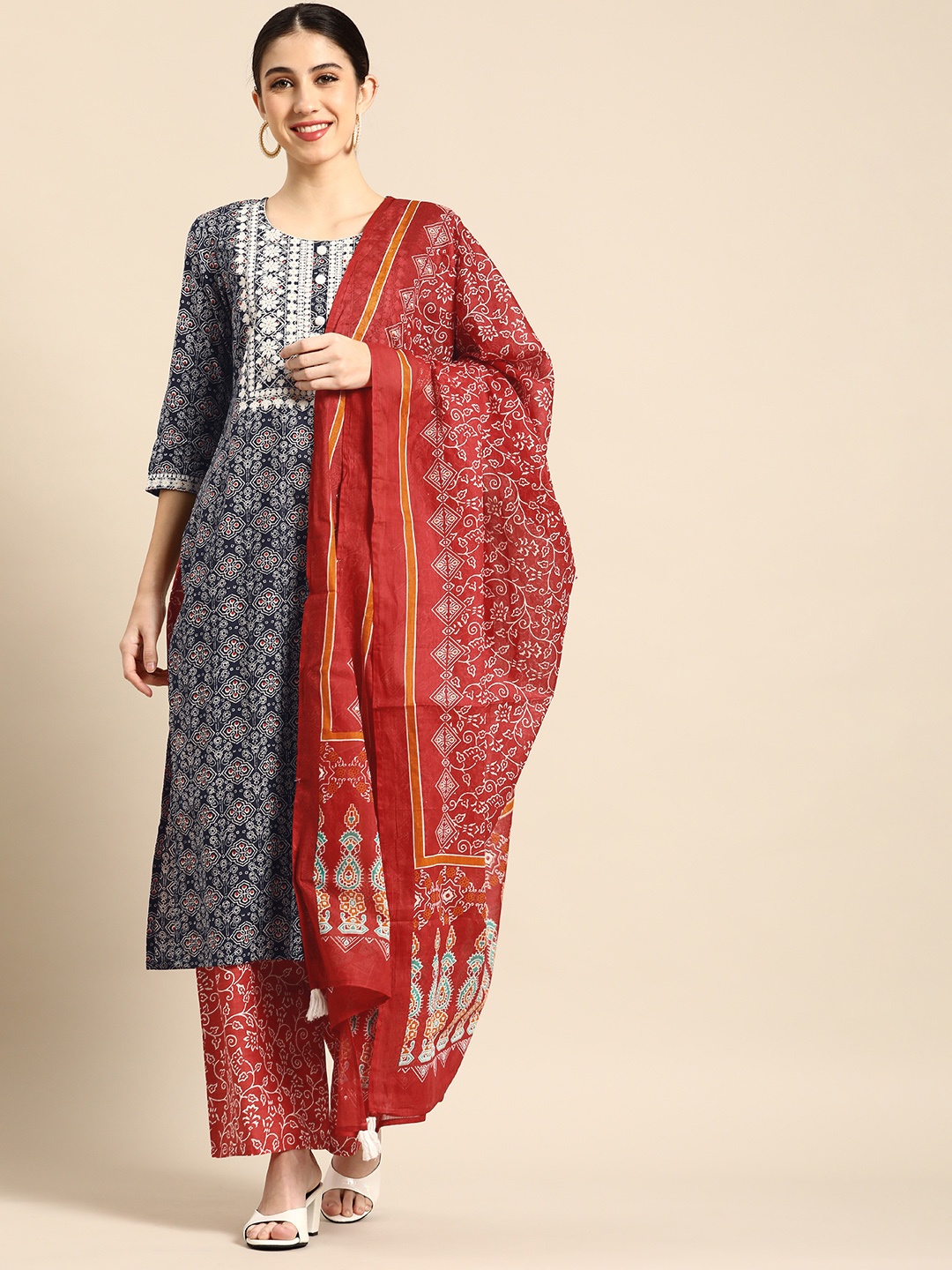 

Anouk Women Navy Blue & Red Ethnic Printed Cotton Kurta with Palazzos & Dupatta