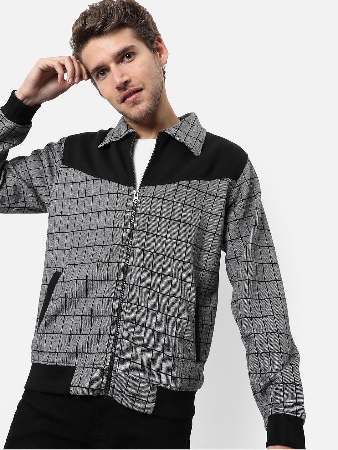 

Campus Sutra Men Grey Checked Windcheater Outdoor Open Front Cotton Jacket