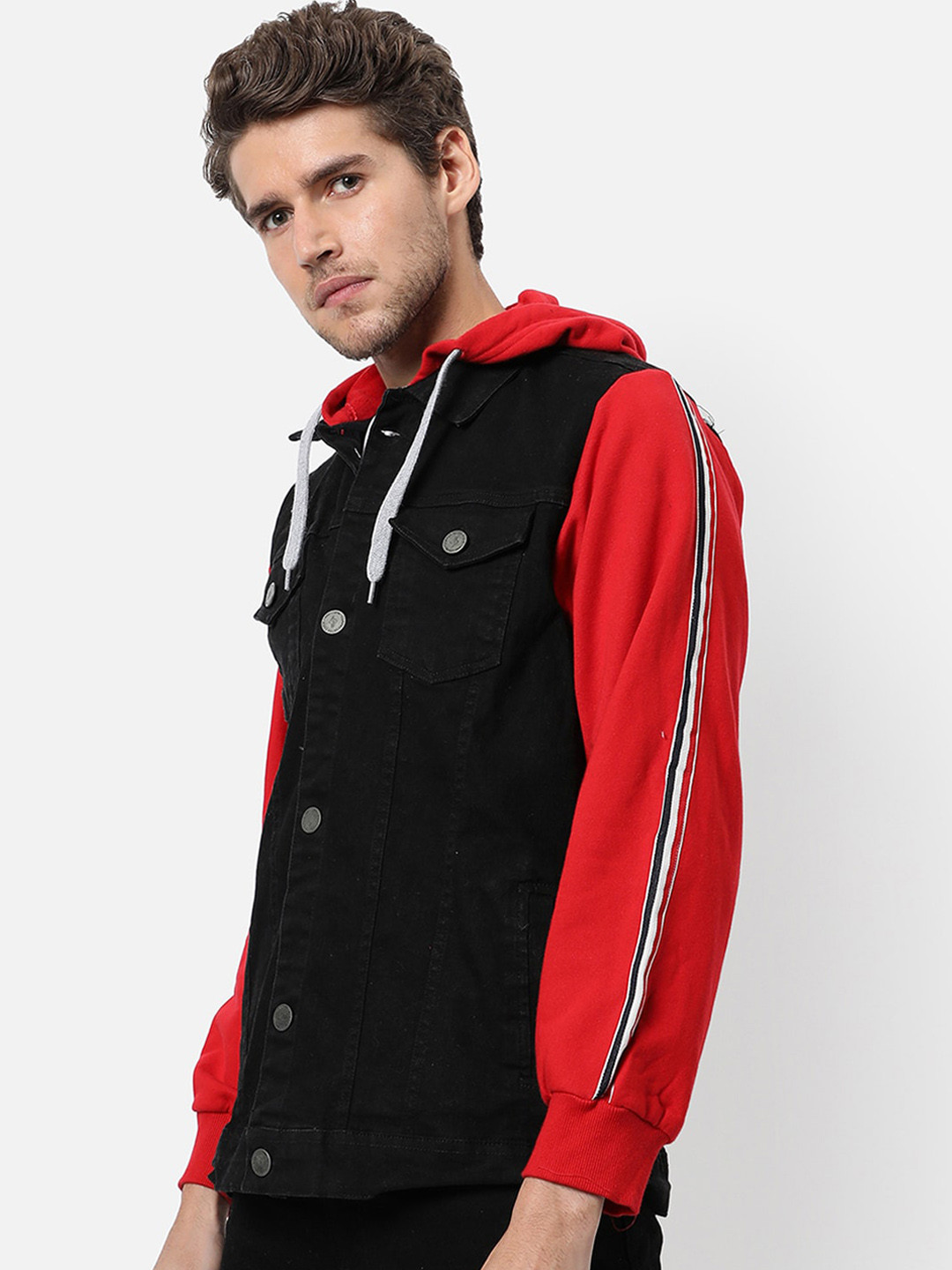 

Campus Sutra Men Black & Red Windcheater Longline Outdoor Denim Jacket