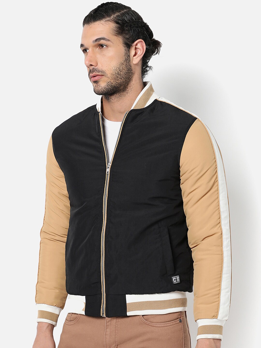 

Campus Sutra Men Black & Beige Colourblocked Windcheater Outdoor Bomber Jacket