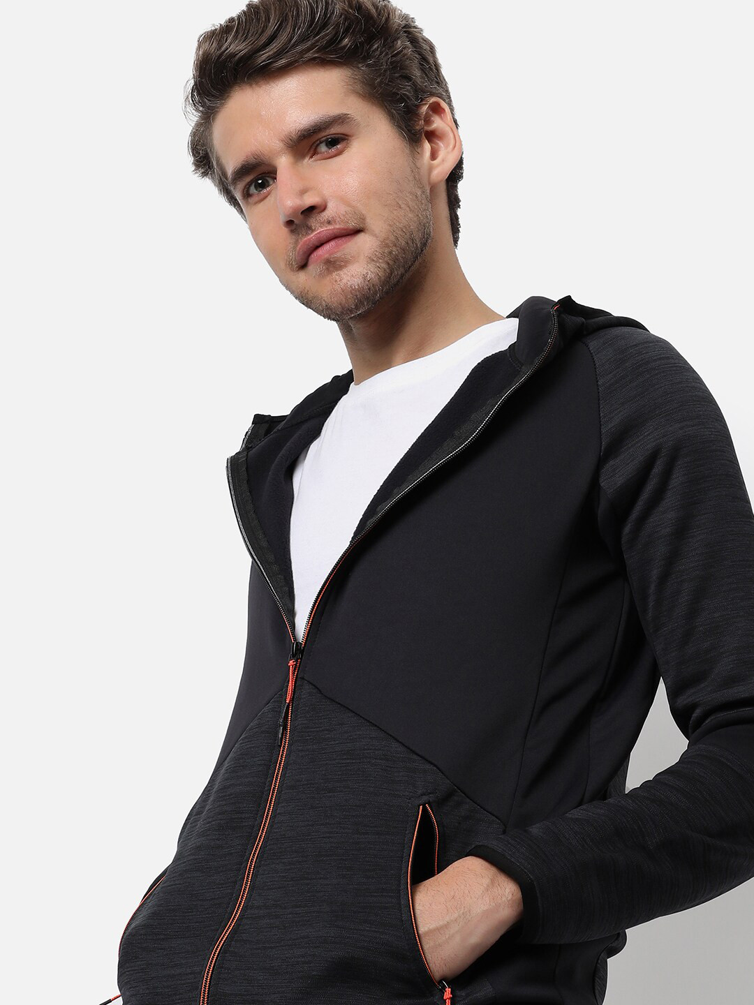 

Campus Sutra Men Black Geometric Colourblocked Windcheater Outdoor Open Front Jacket with Embroidered