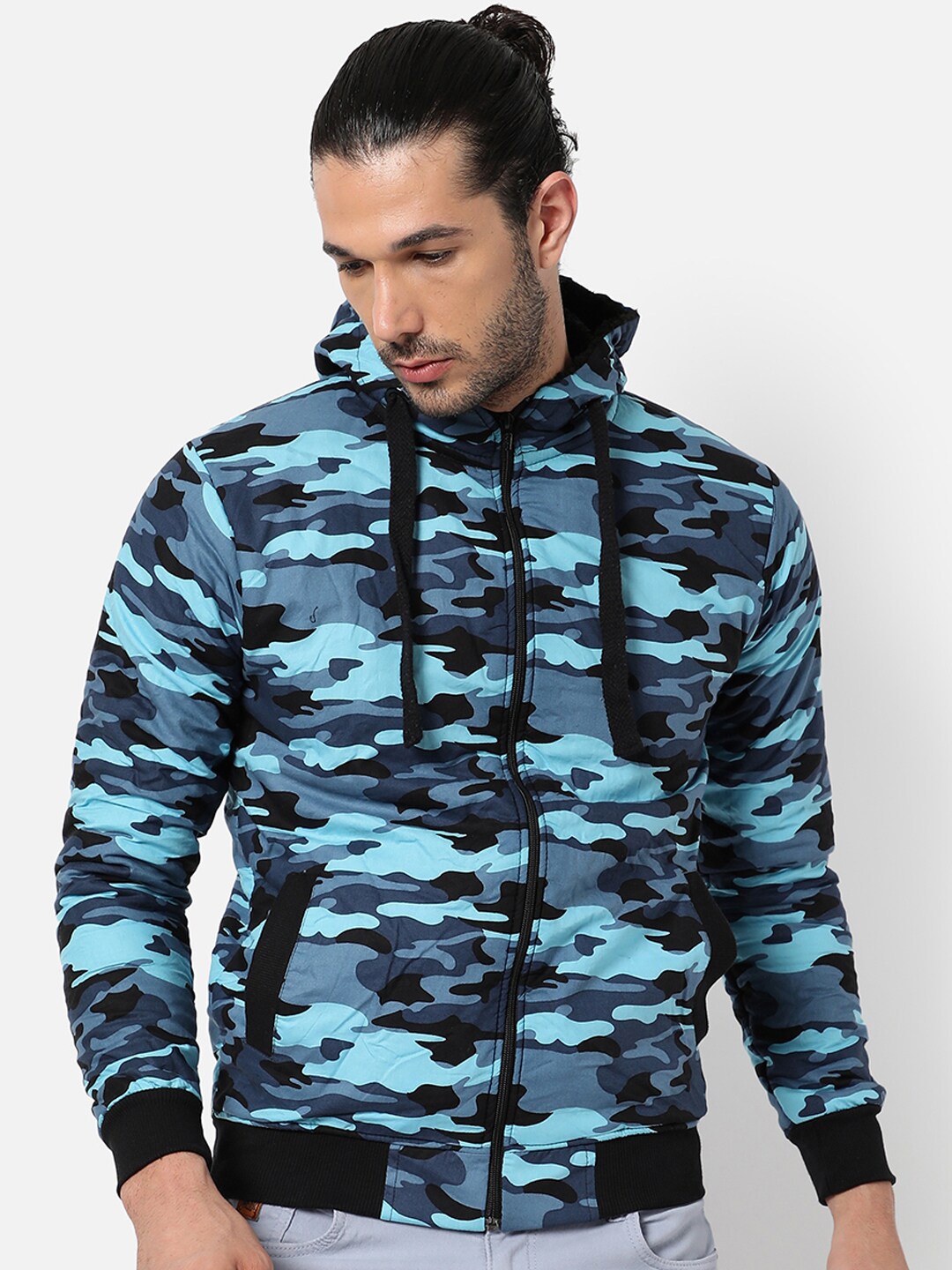 

Campus Sutra Men Blue Windcheater Crop Outdoor Bomber with Patchwork Jacket