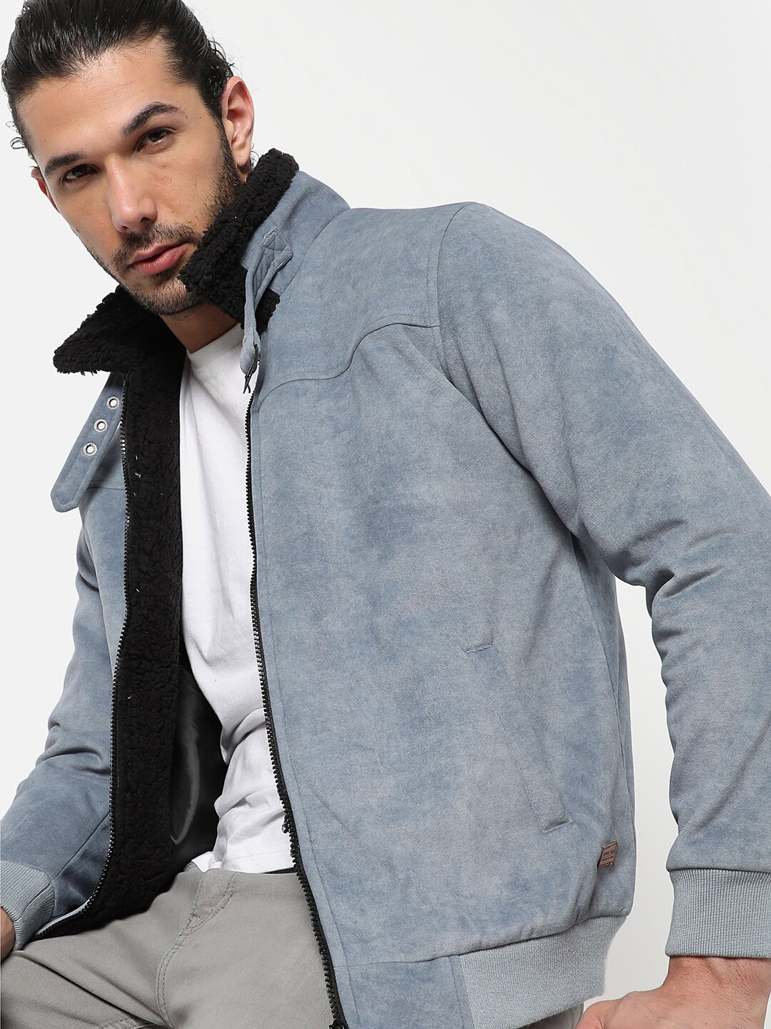 

Campus Sutra Men Blue Camouflage Colourblocked Suede Windcheater Outdoor Bomber Jacket
