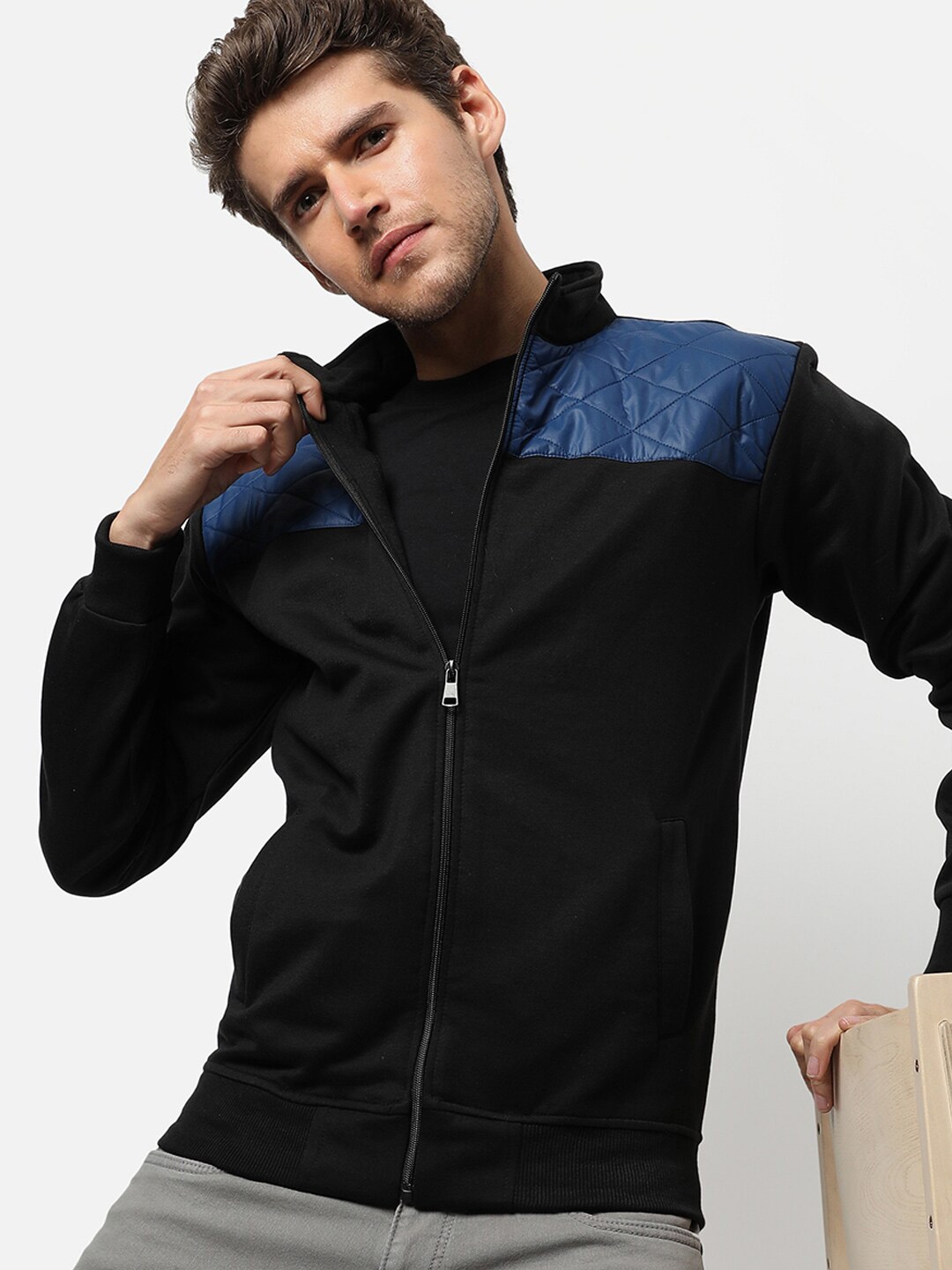 

Campus Sutra Men Black Colourblocked Windcheater Outdoor Bomber with Embroidered Jacket