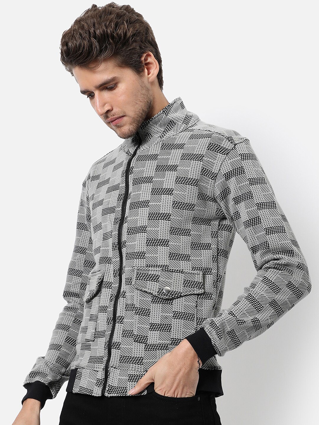 

Campus Sutra Men Grey Checked Windcheater Outdoor Tailored Cotton Jacket
