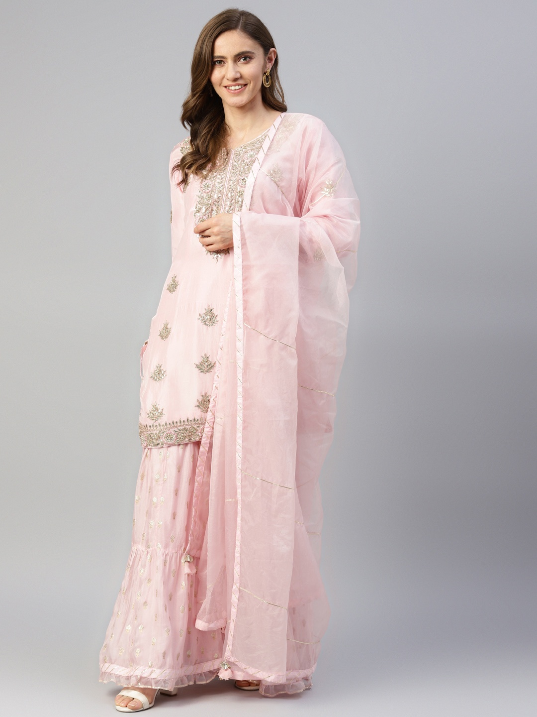 

Divena Women Pink Floral Embroidered Zardozi Chanderi Silk Kurta with Sharara & Dupatta
