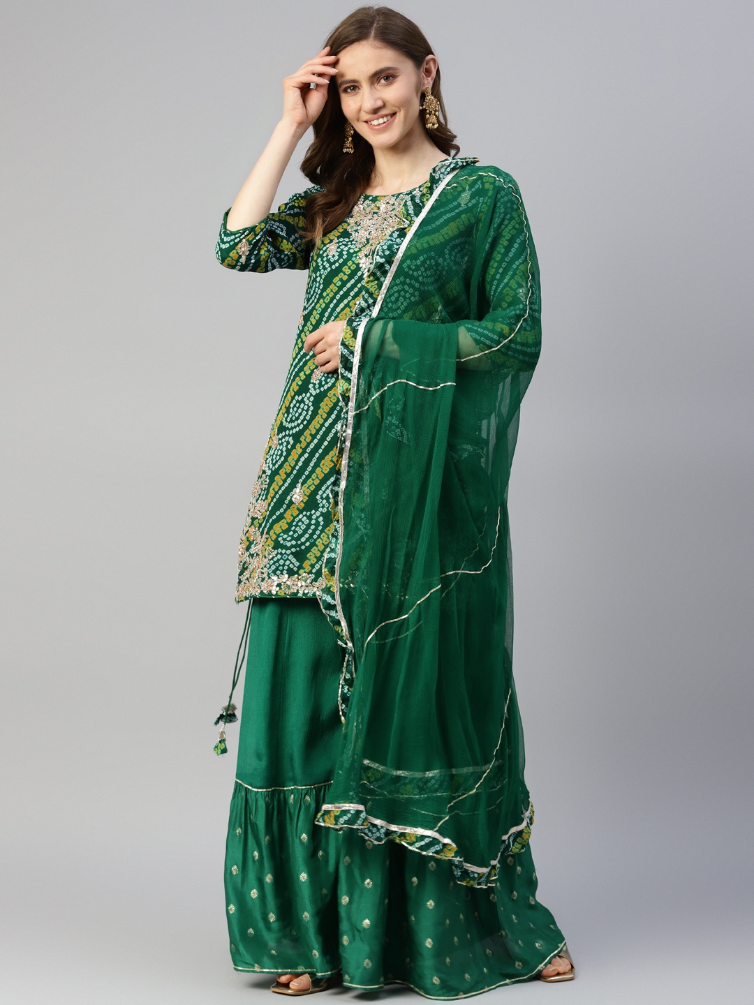 

Divena Women Green Bandhani Print Zardozi Silk Chiffon Kurta with Sharara & Dupatta