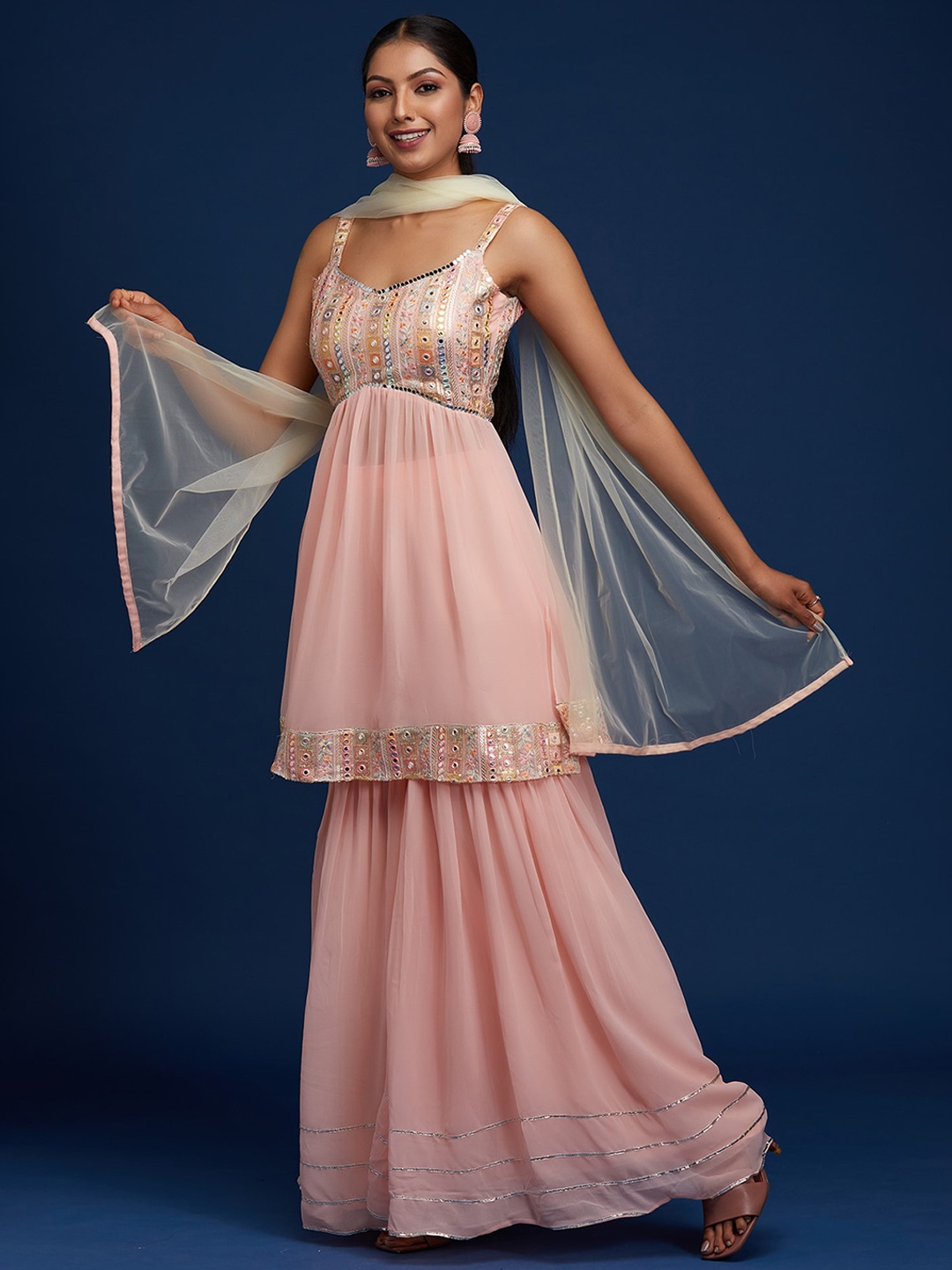 

Koskii Women Pink Ethnic Motifs Embroidered Mirror Work Kurta with Sharara & With Dupatta