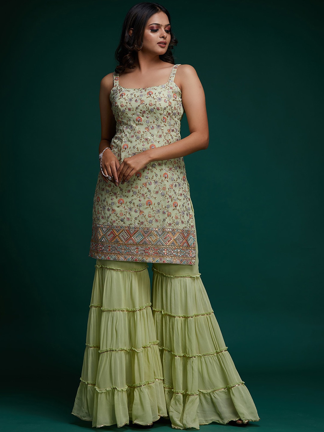 

Koskii Women Green Ethnic Motifs Embroidered Kurta with Sharara & Dupatta
