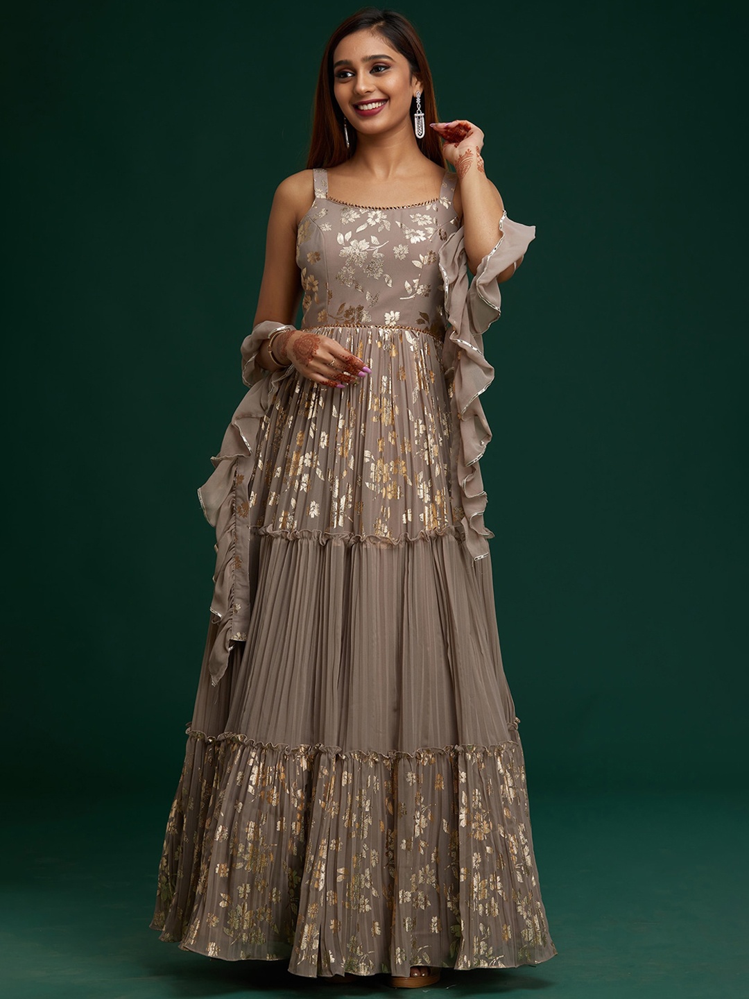 

Koskii Women Ethnic Motifs Printed Tiered Silk Georgette Kurta with Trousers & With Dupatta, Mauve