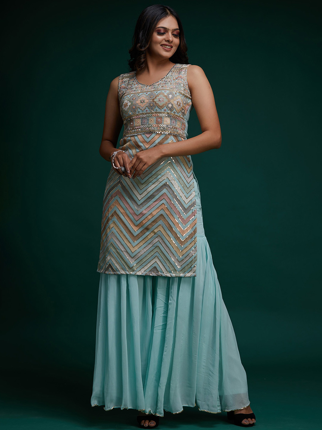 

Koskii Women Ethnic Motifs Embroidered Sequinned Silk Georgette Kurta with Sharara, Blue