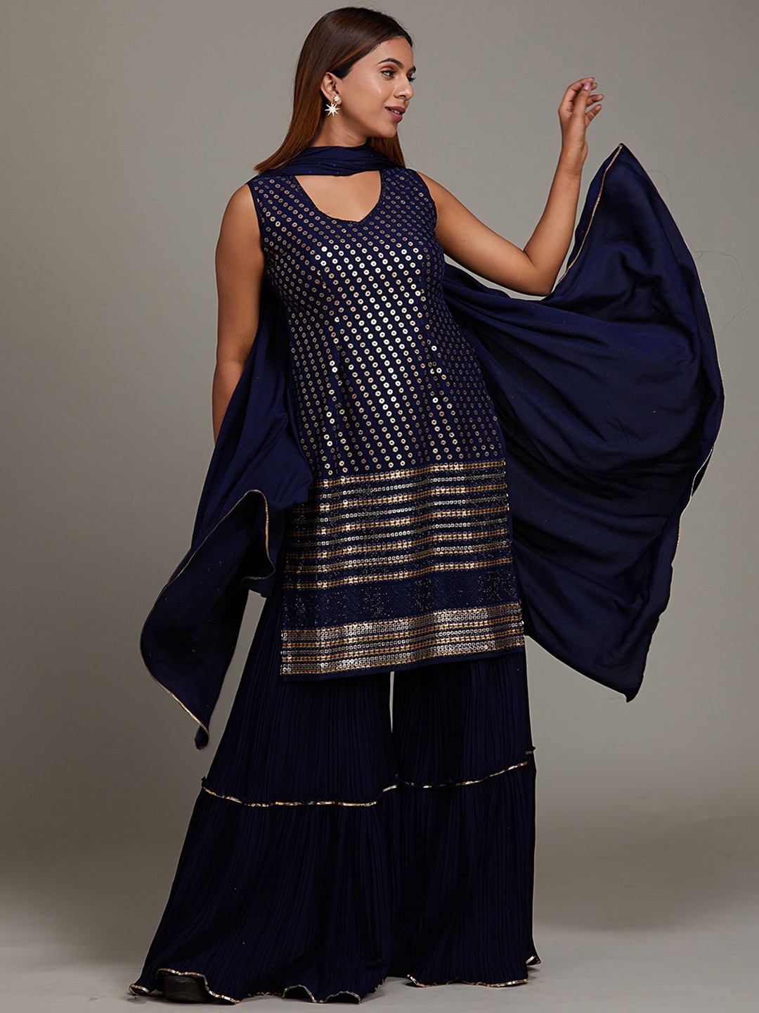 

Koskii Women Ethnic Motif Embroidered Sequinned Kurta with Sharara & With Dupatta, Navy blue
