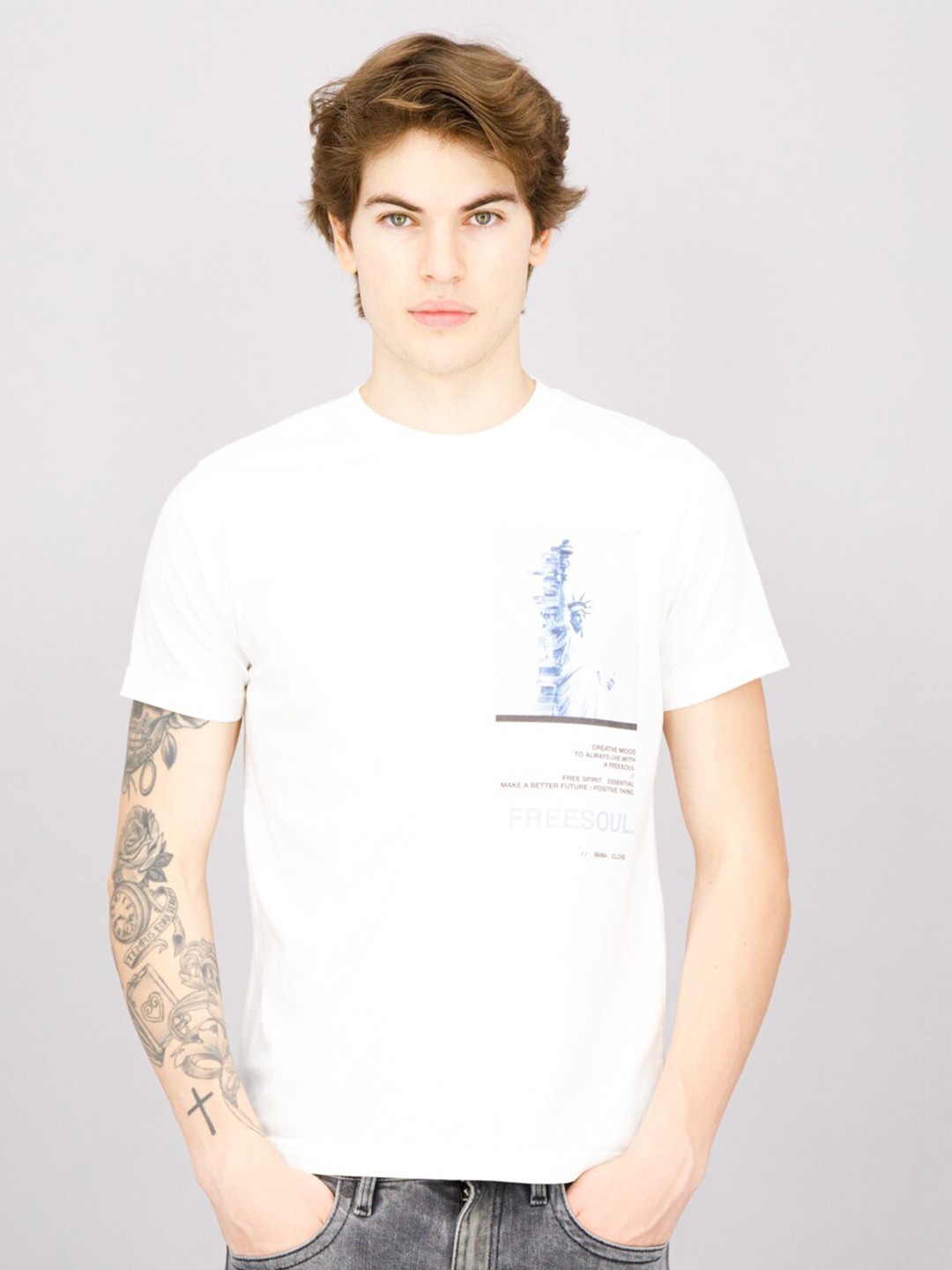 

FREESOUL Men White Typography T-shirt