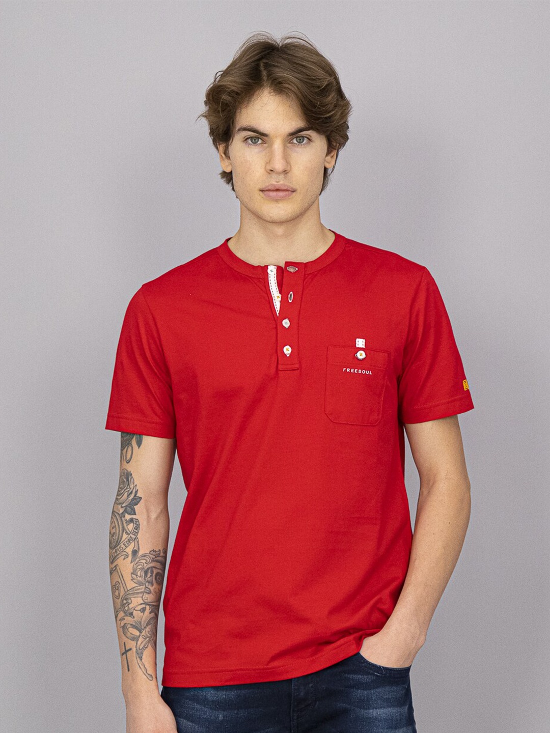 

FREESOUL Men Red Henley Neck Cotton T-shirt