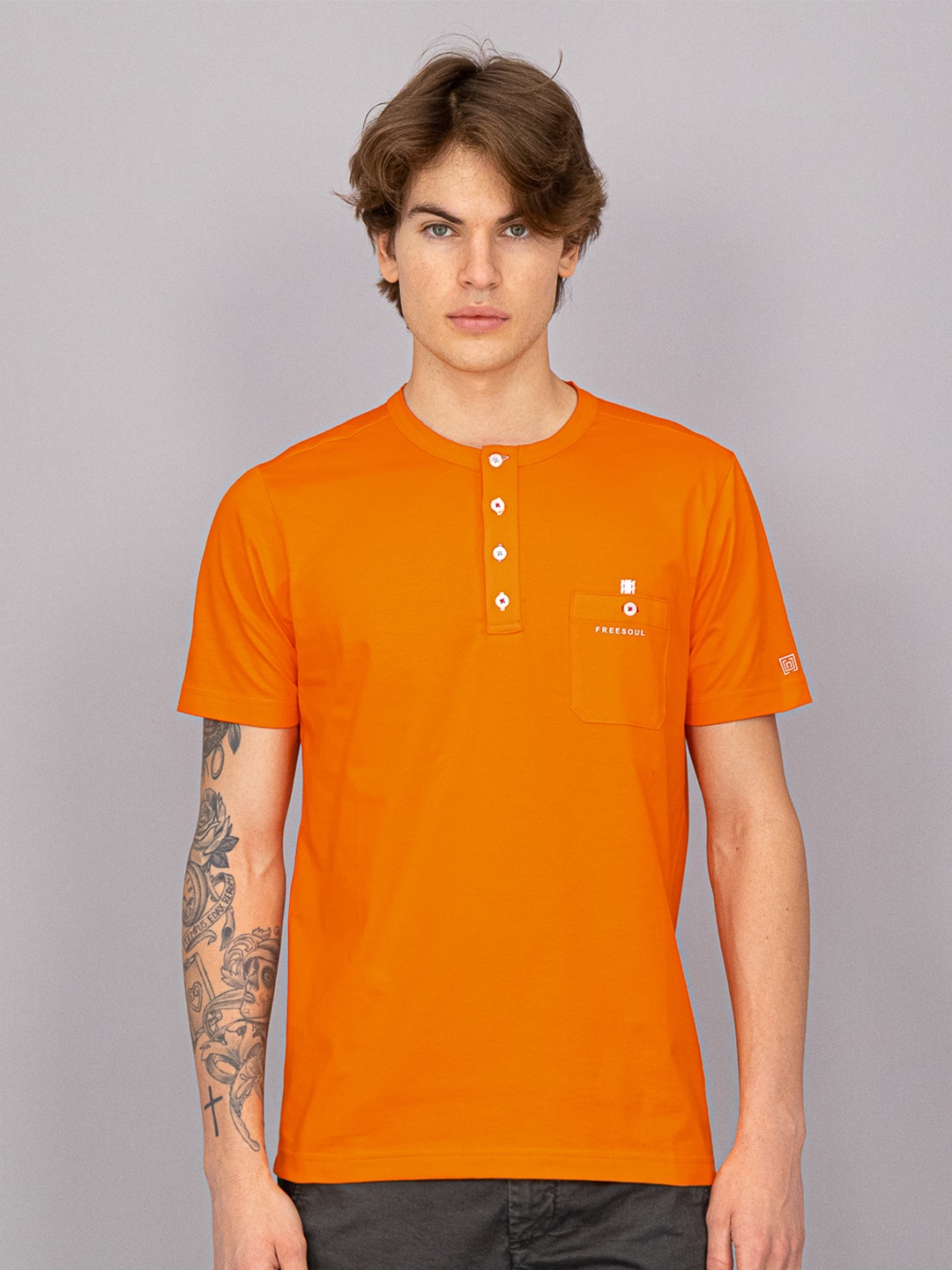 

FREESOUL Men Orange Henley Neck T-shirt