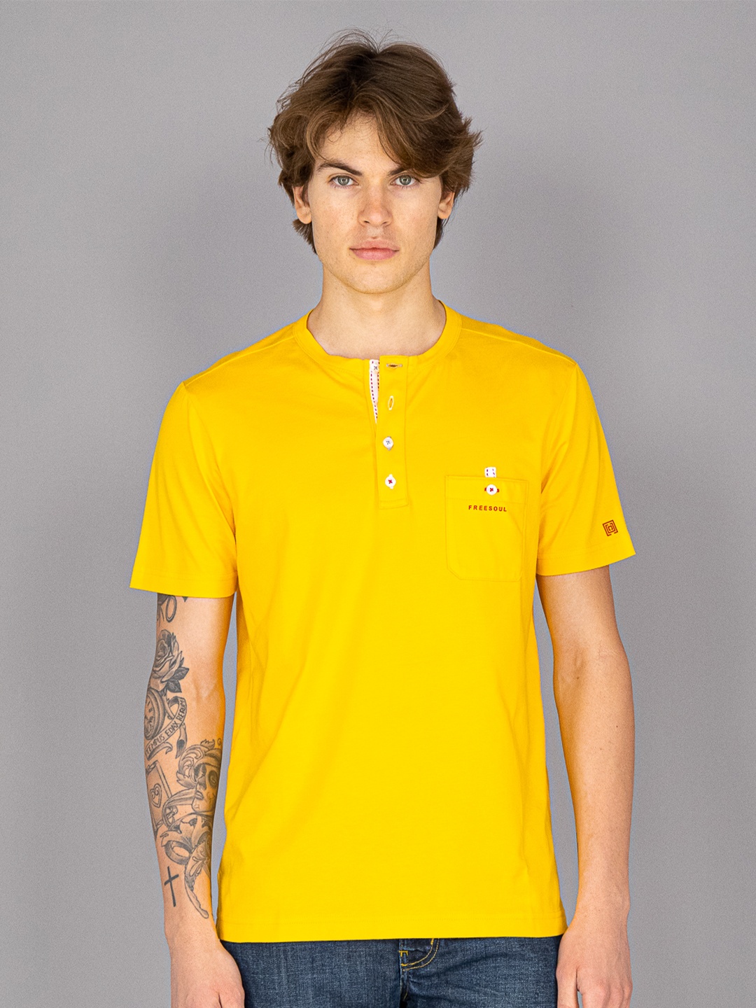 

FREESOUL Men Yellow Pure Cotton Solid Henley Neck T-shirt