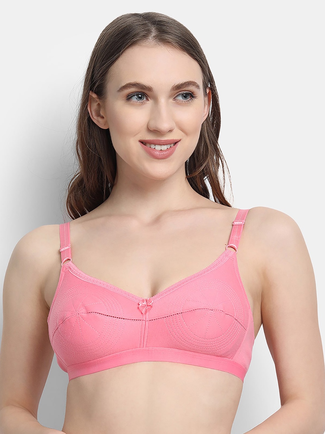 

VStar Pink double-layered cone-shaped bra with decorative trim lace Cotton Bra
