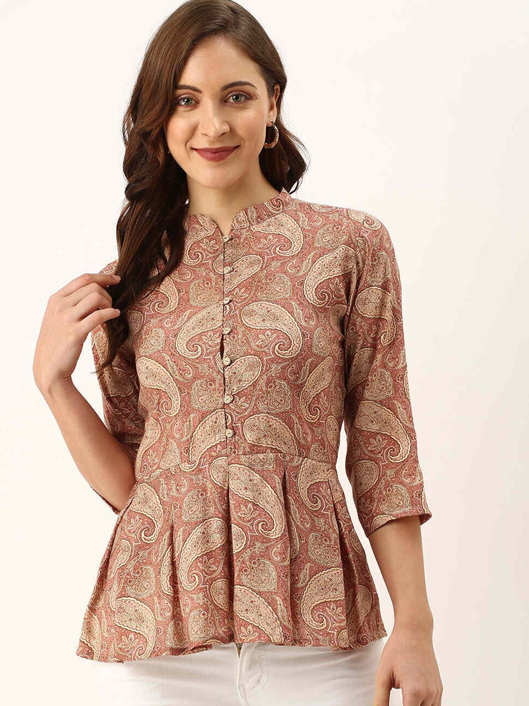 

ZOLA Women Brown Paisley Print Mandarin Collar Art Silk Tunic