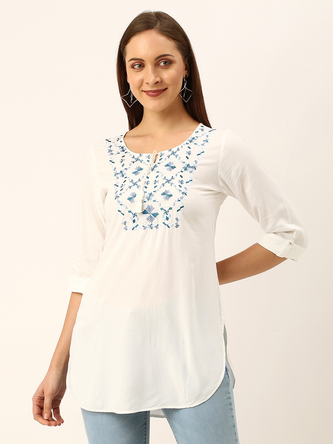 

ZOLA White & Blue Modal Embroidered Tunic