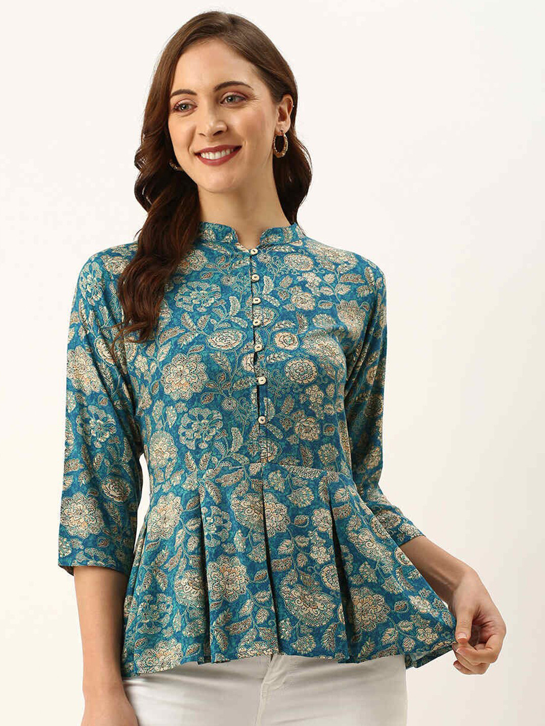 

ZOLA Mandarin Collar Floral Printed Tunic, Teal