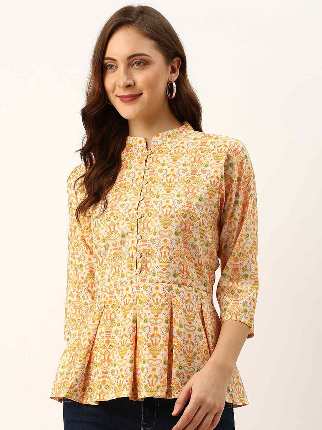 

ZOLA Yellow & Green Mandarin Collar Printed Tunic