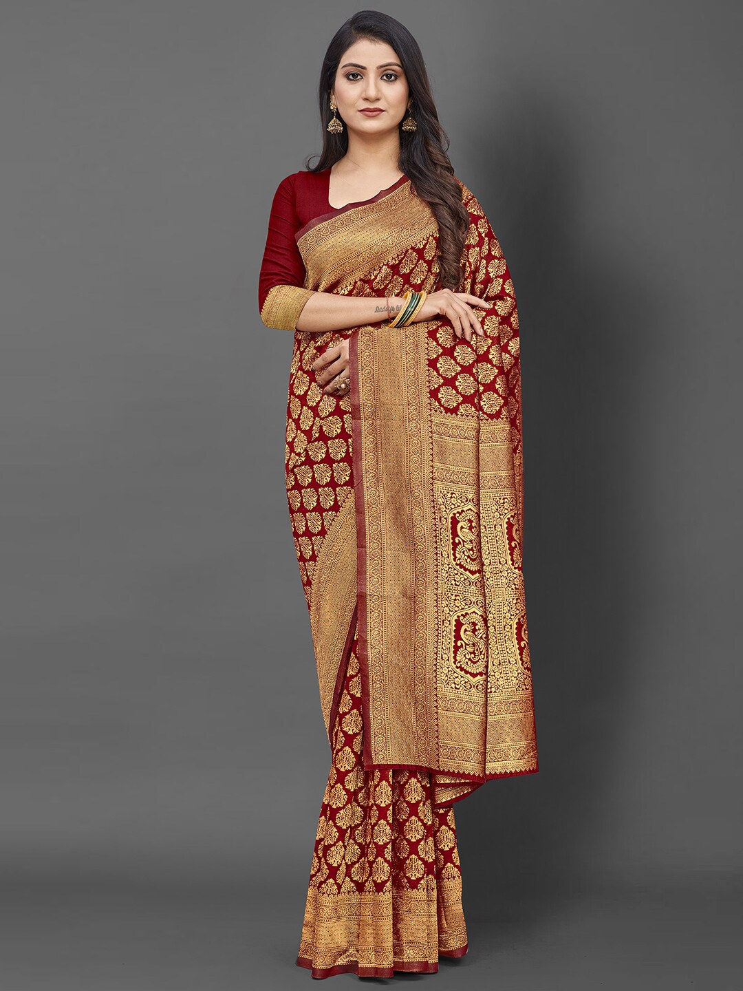 

KALINI Maroon & Gold-Toned Woven Design Zari Silk Blend Banarasi Saree