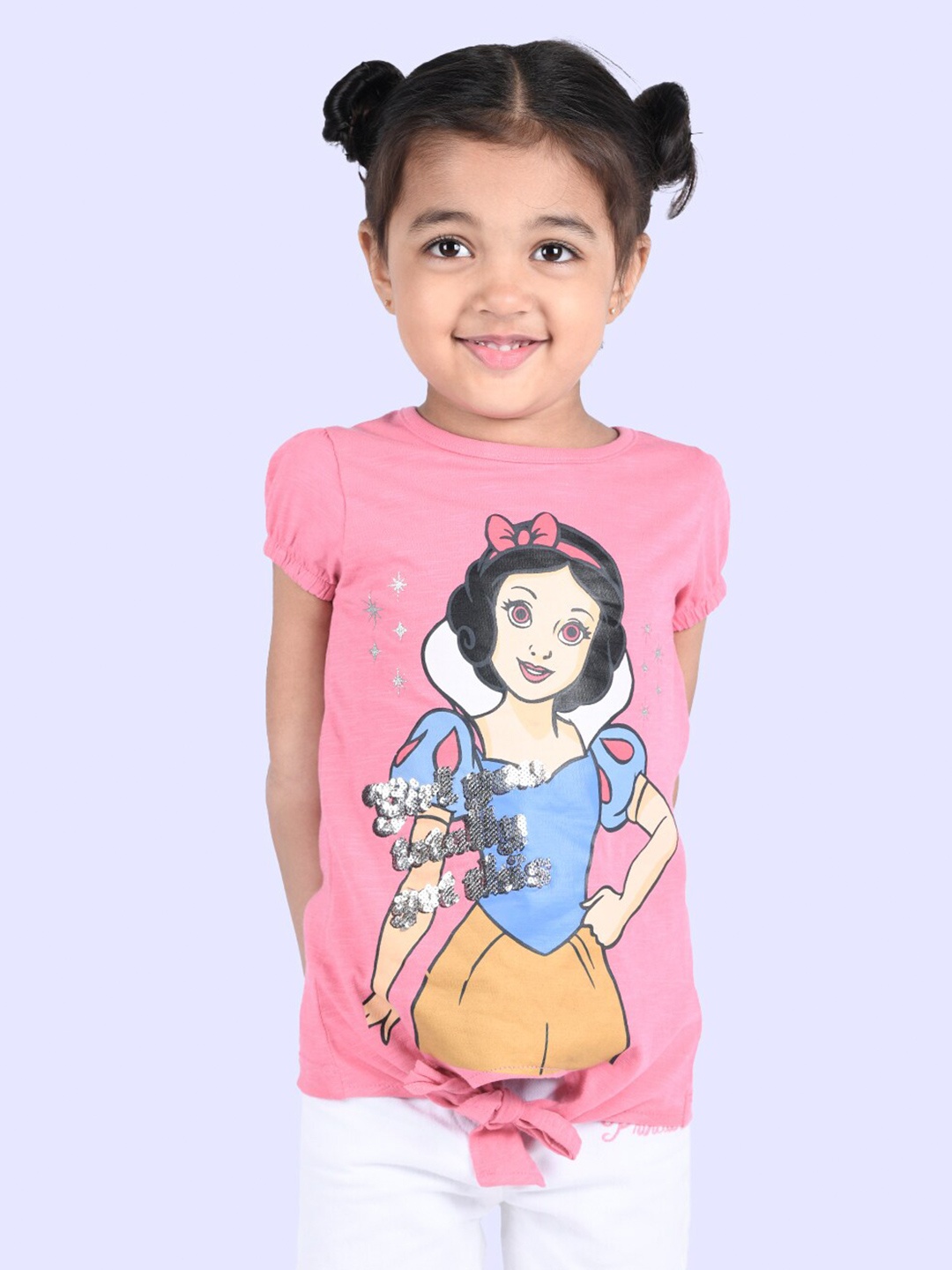 

Zalio Girls Pink Snow White Printed Puff Sleeves Pure Cotton T-shirt