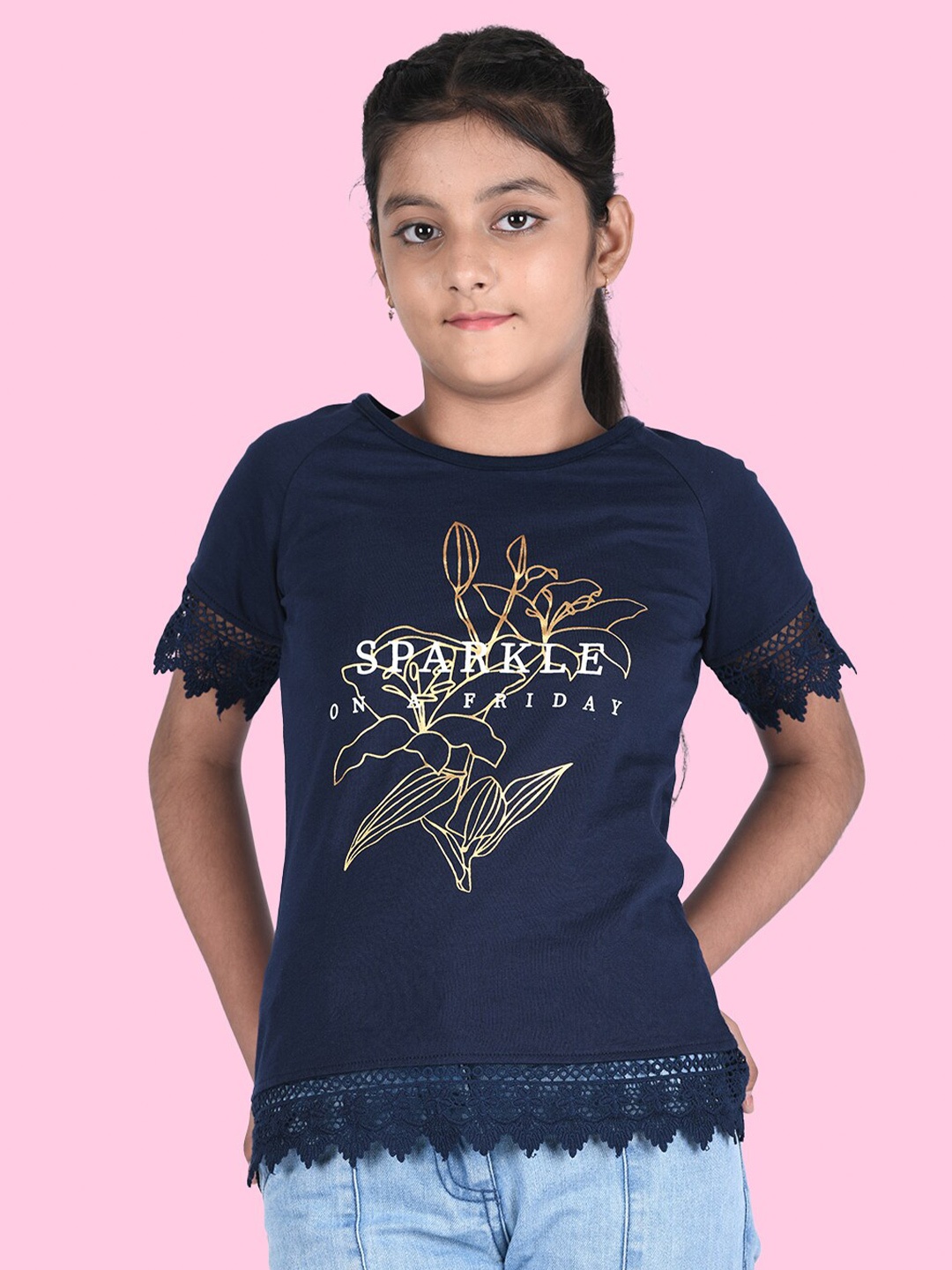 

Zalio Girls Navy Blue Printed Pure Cotton T-shirt