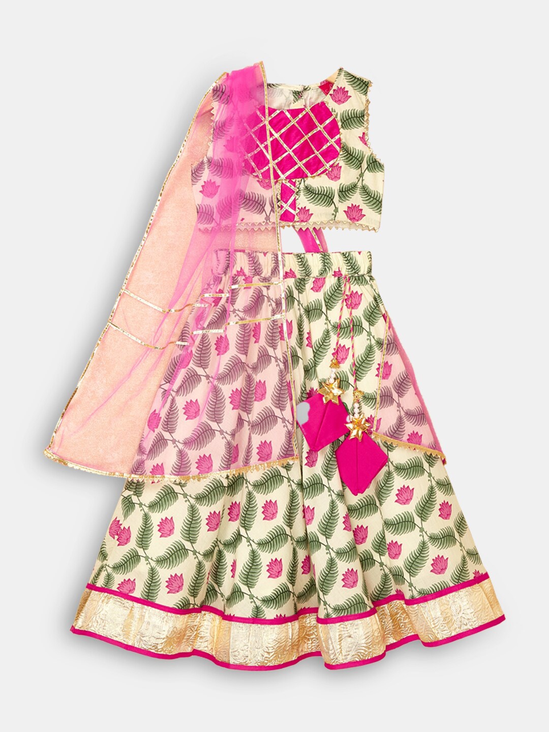

Hopscotch Girls Beige & Pink Printed Ready to Wear Lehenga & Blouse With Dupatta