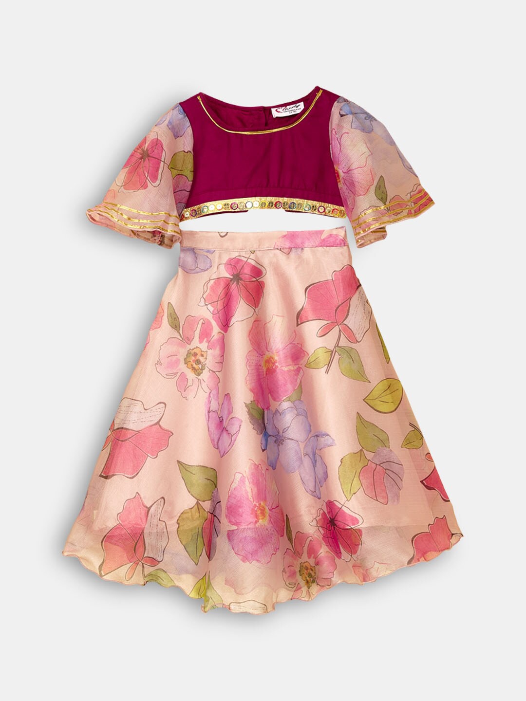 

Hopscotch Girls Magenta And Peach Floral Printed Ready to Wear Lehenga And Choli Set