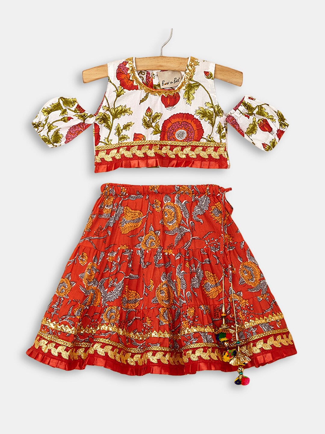 

Hopscotch Girls White & Red Printed Ready to Wear Lehenga