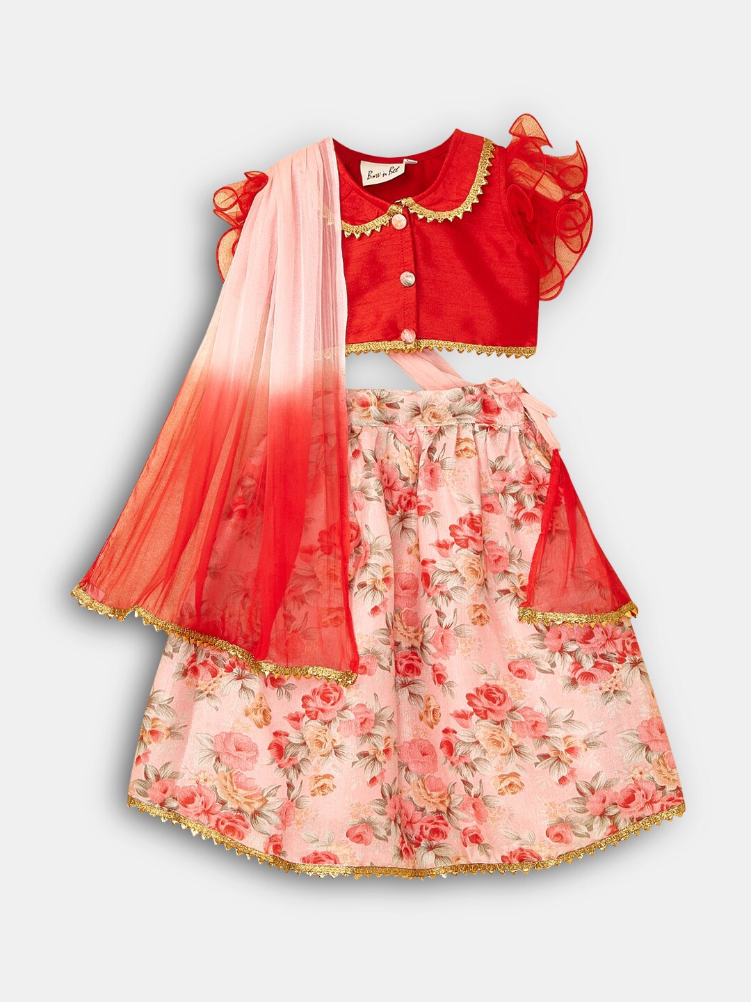 

Hopscotch Girls Red & Peach-Coloured Ready to Wear Lehenga & Blouse With Dupatta