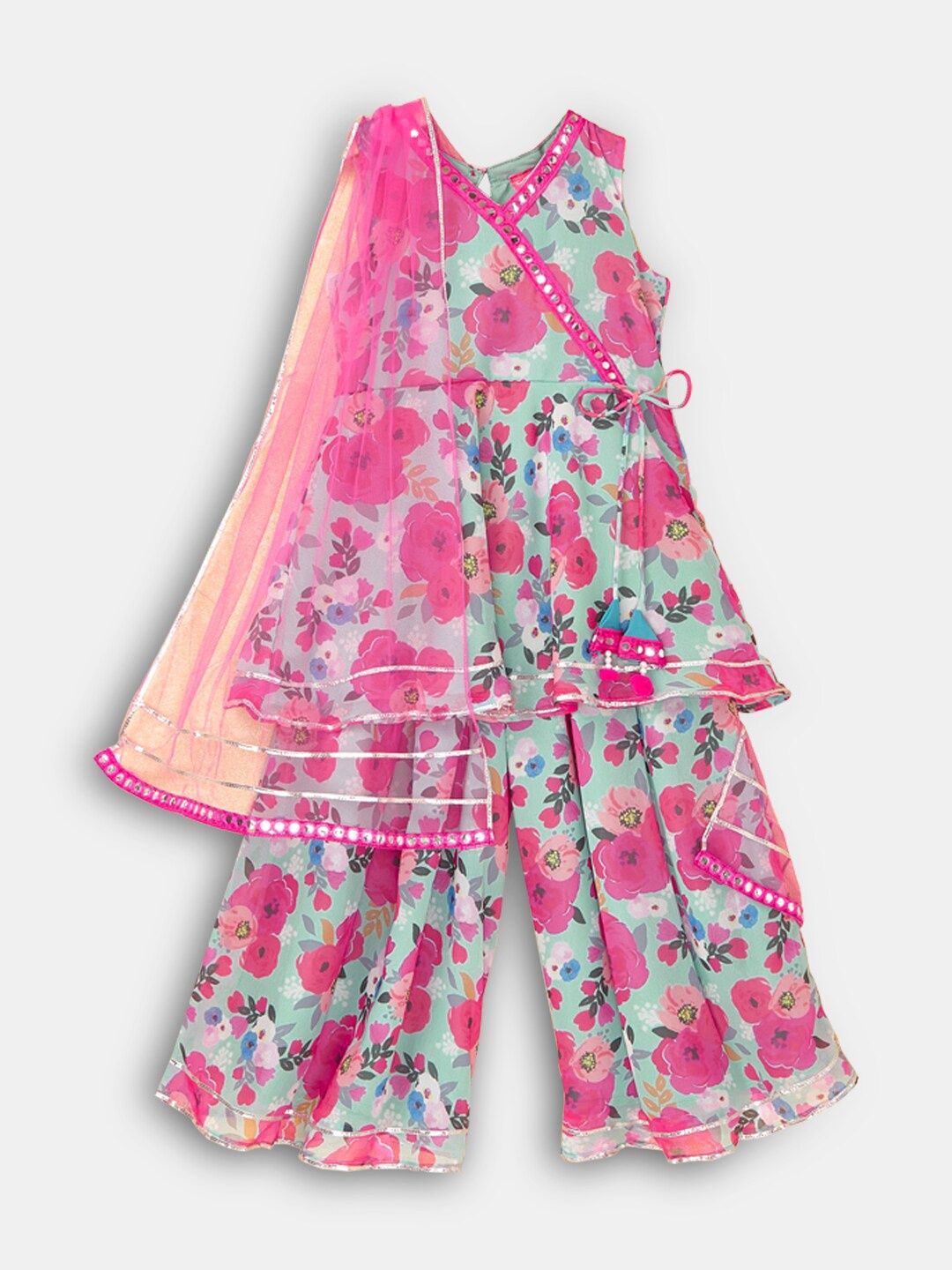 

Hopscotch Girls Blue & Pink Printed Ready to Wear Lehenga & Blouse With Dupatta