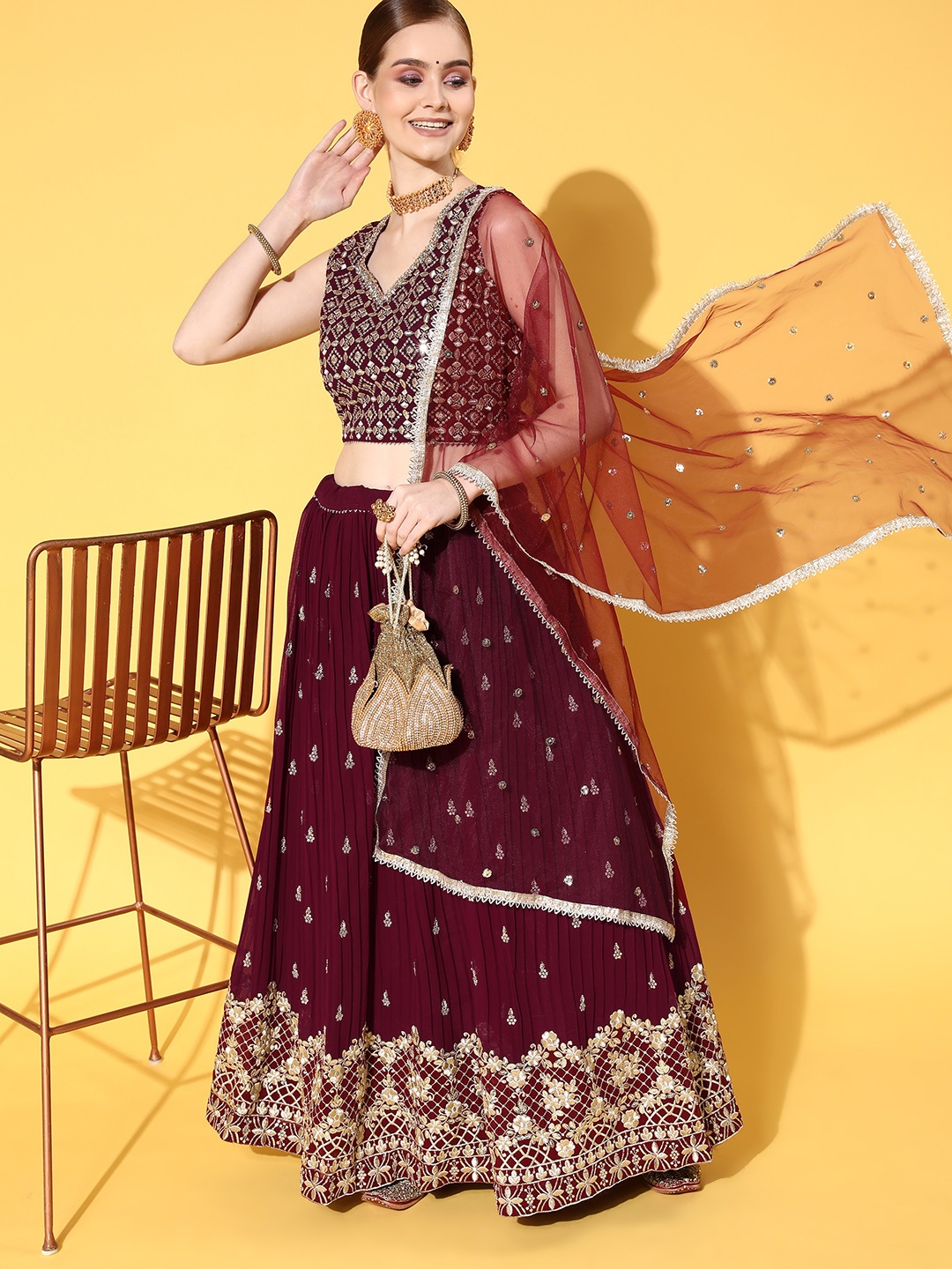 

Chhabra 555 Burgundy Embroidered Zari Made to Measure Lehenga Choli With Dupatta