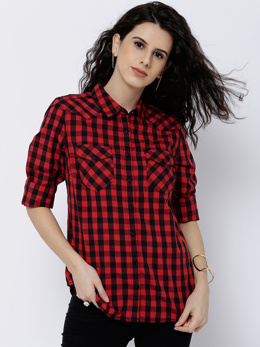 

Tokyo Talkies Women Red & Black Comfort Regualr Fit Checked Casual Shirt
