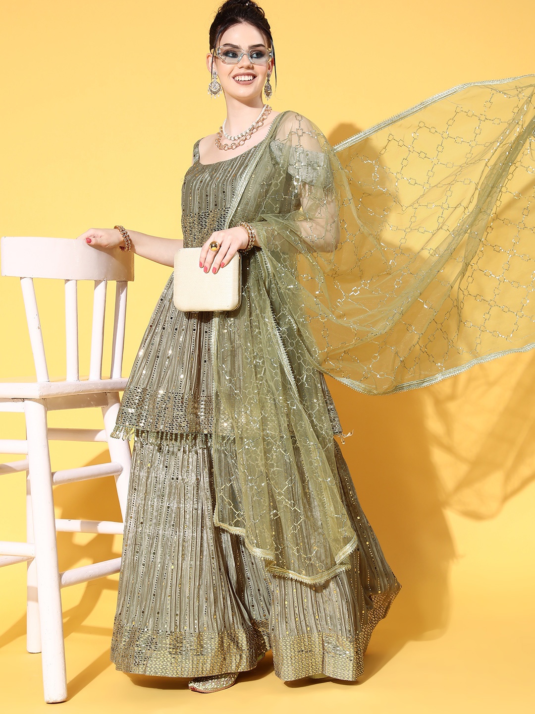 

Chhabra 555 Charming Olive Embellished Made to Measure Lehenga Choli With Dupatta