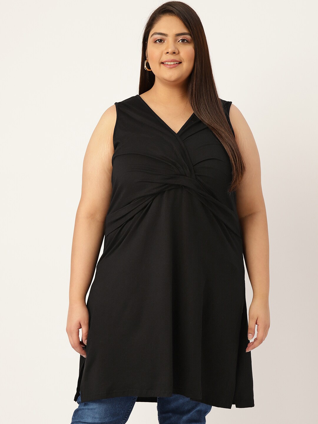 

theRebelinme Plus Size Women Black Solid Viscose Rayon V-Neck Tunic
