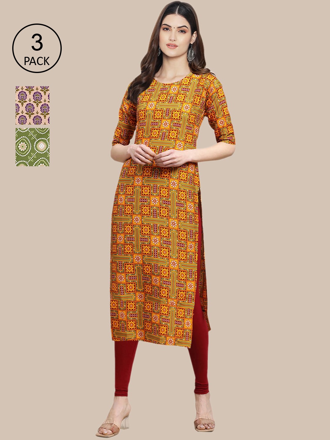 

Ethnic basket Women Yellow & Green Ethnic Motifs Printed Block Print Crepe Kurta