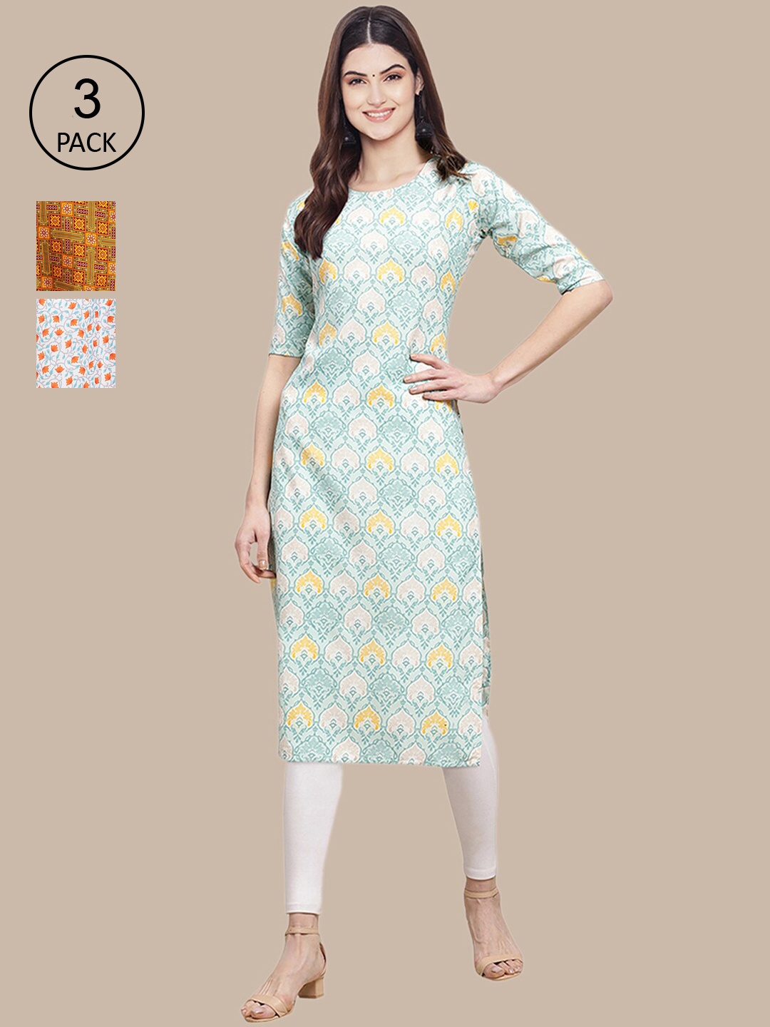 

Ethnic basket Women Pack of 3 Ethnic Motifs Printed Crepe Kurta, White