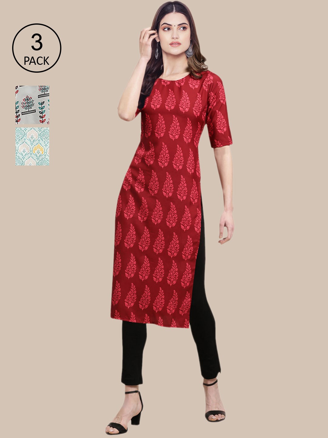 

Ethnic basket Women Pack Of 3 Ethnic Motifs Printed Block Print Crepe Kurta, Red