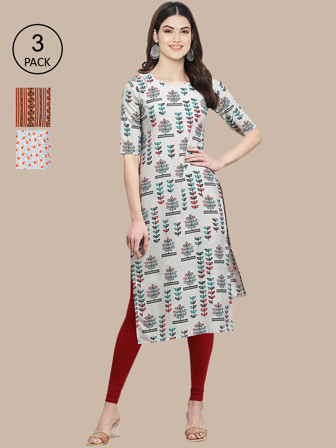 

Ethnic basket Women Pack of 3 Printed Crepe Straight Kurtas, Grey