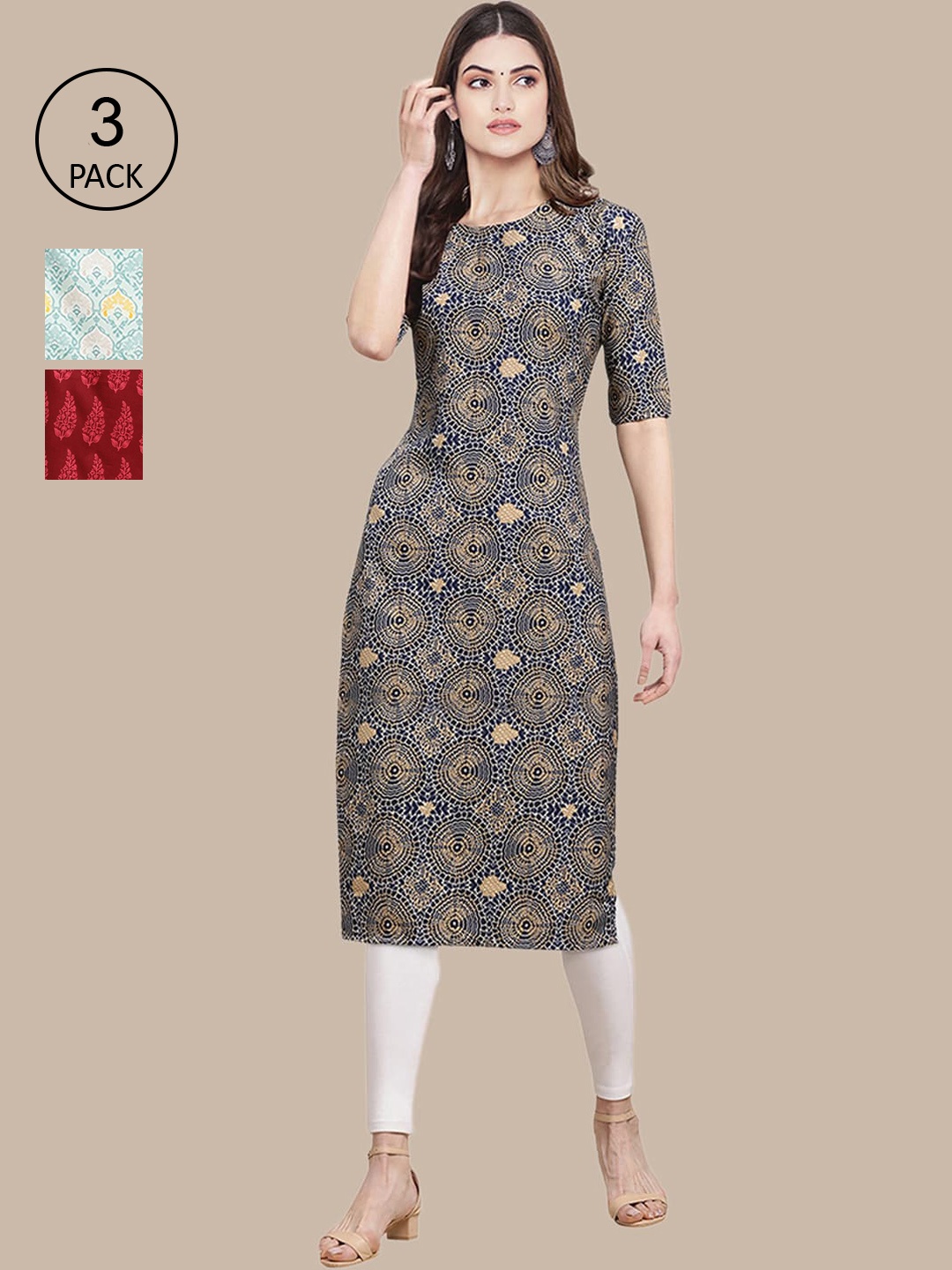 

Ethnic basket Pack of 3 Women's Printed Handloom Crepe Straight Kurta, Navy blue
